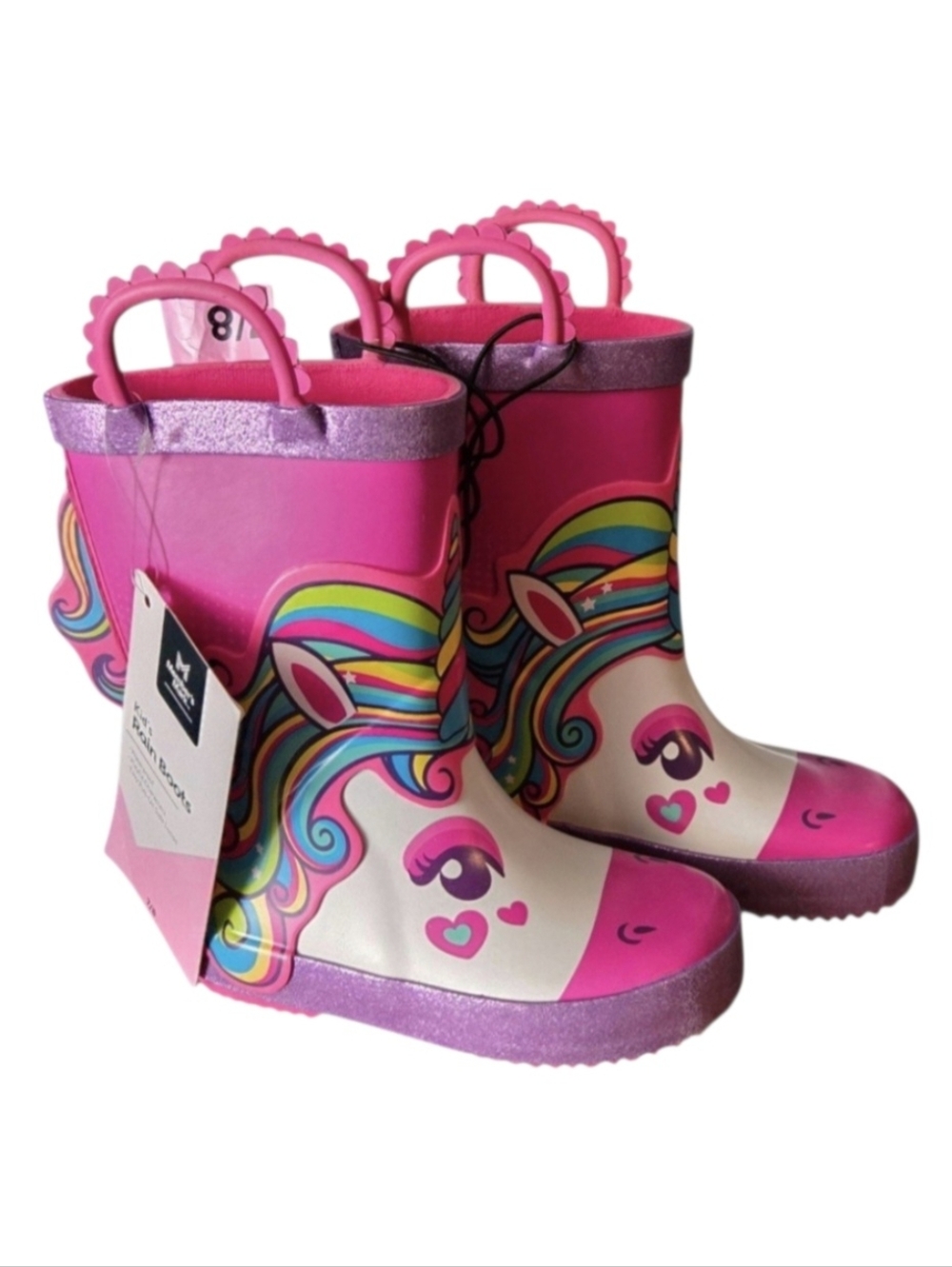 Member's Mark Girl's Rain Boots in Pink w/ Unicorn Face and Hair, Size 7/8 New!